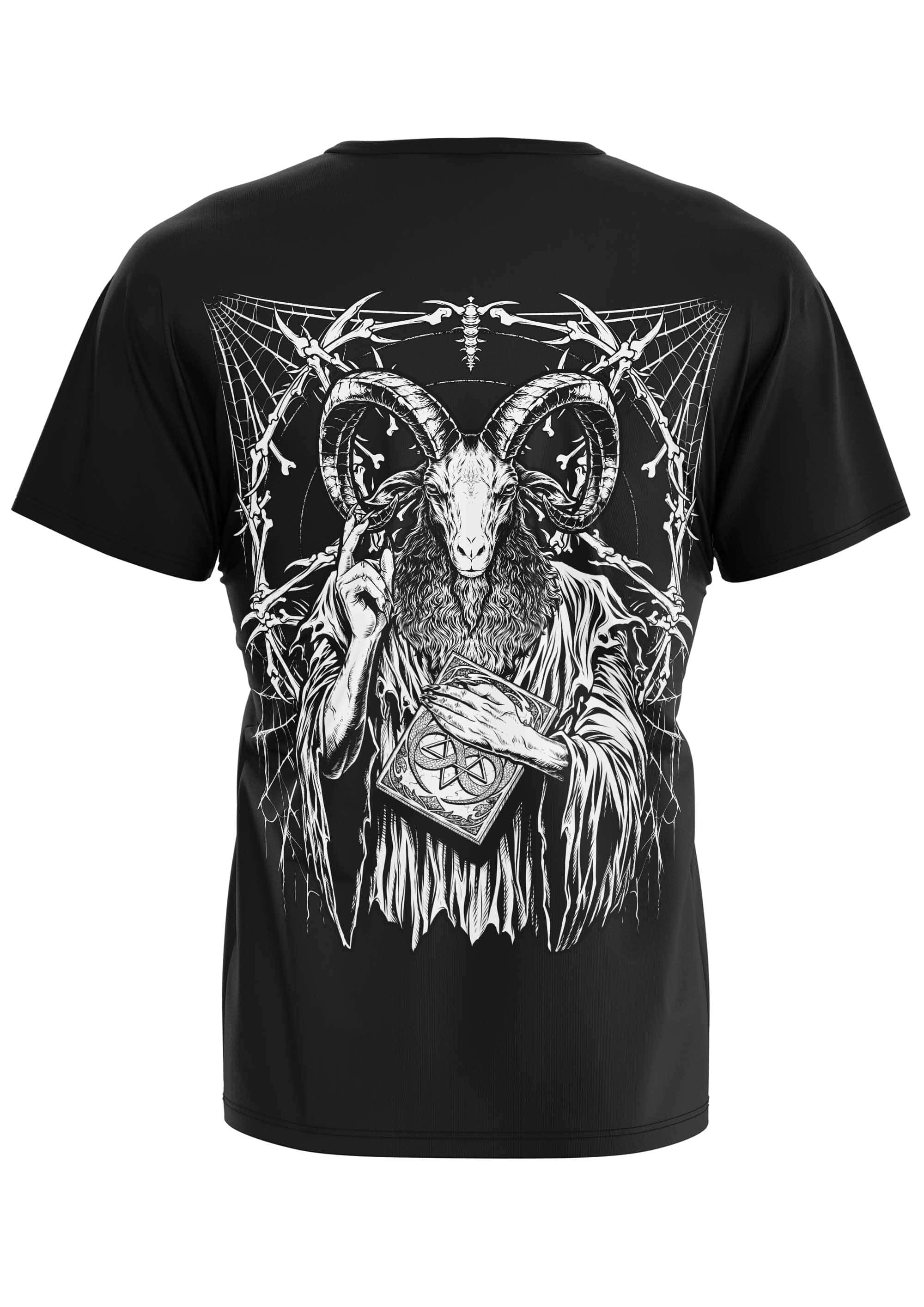 Schwarzes gothic horror t-shirt mit weißem line-art rückdruck von baphomets feast und detaillierter figur